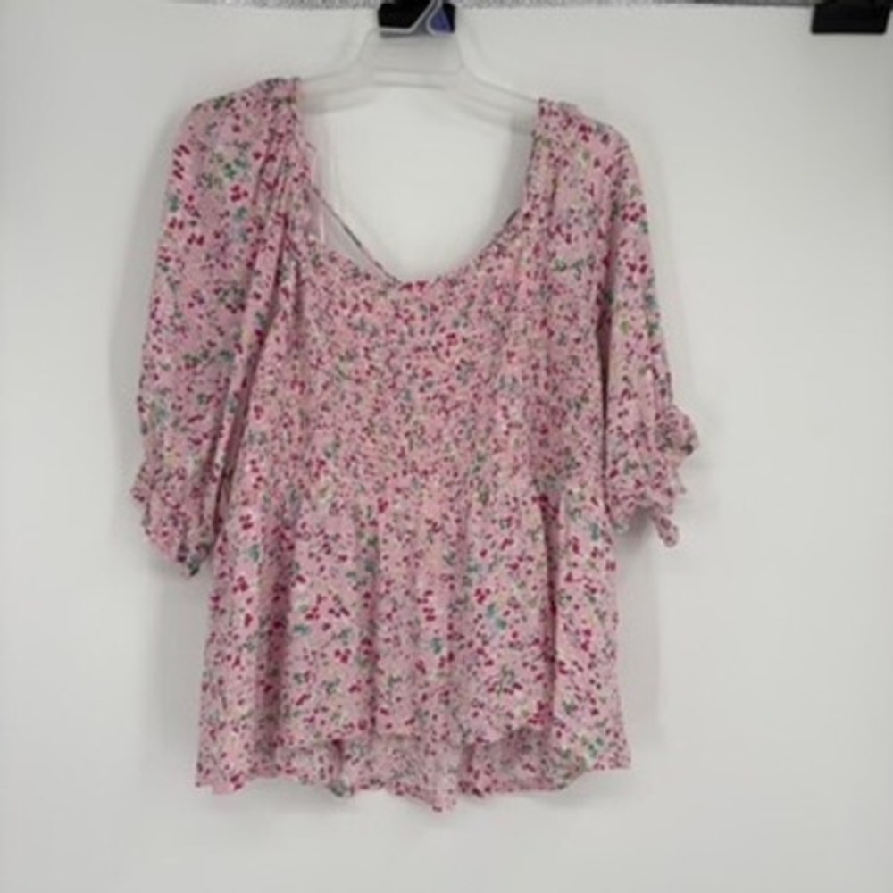 Crown & Ivy Pink Floral Smocked Square Neck Peasant Coquette Blouse Plus Size 4X